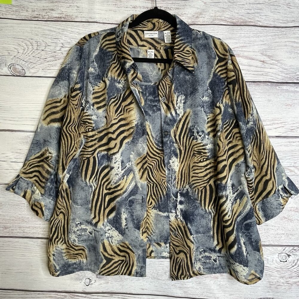 Covington Woman’s Blouse & Tank Set Size XL Blue Animal Print Safari Office Work